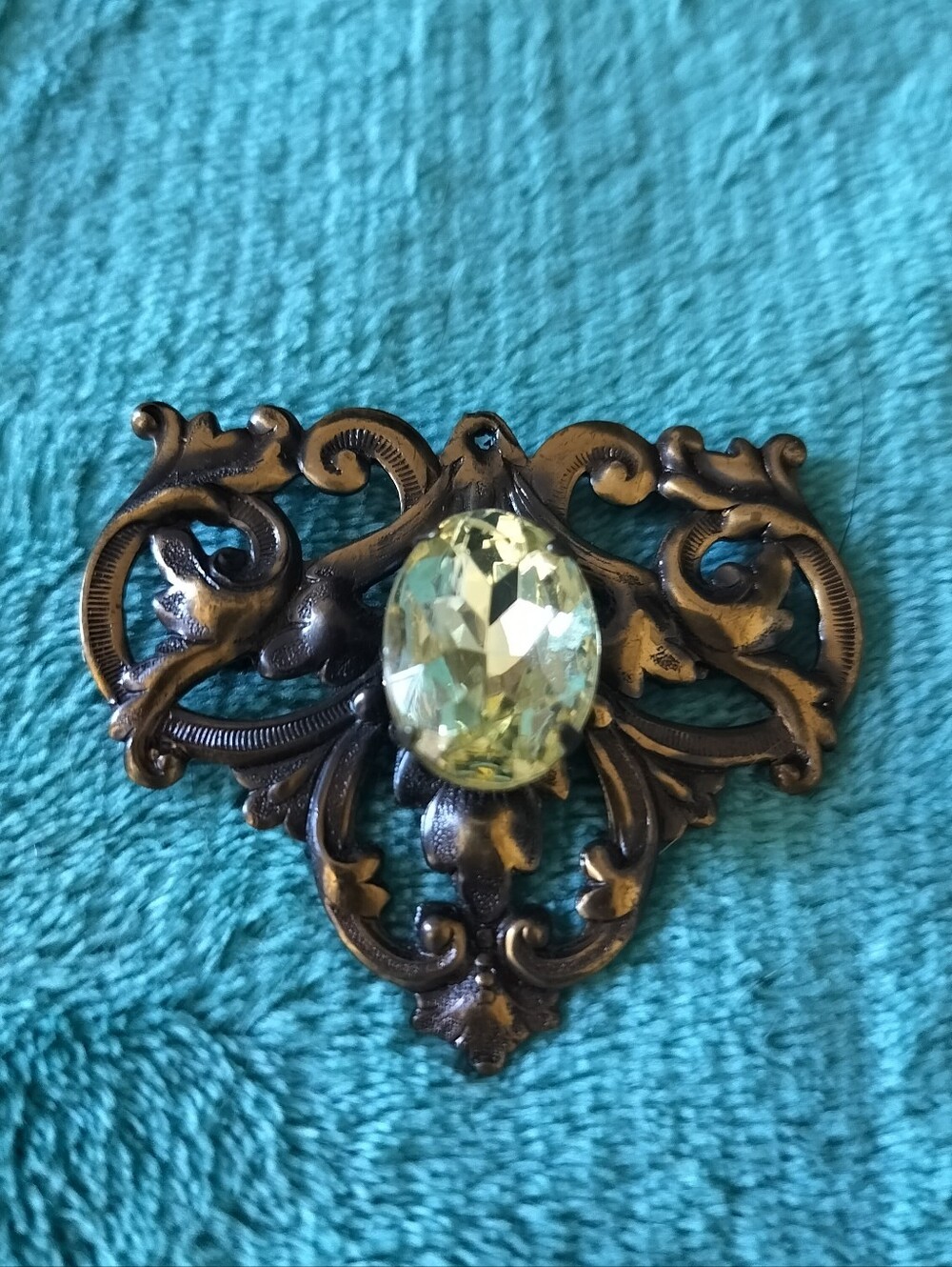 Vintage Ornate Filigree Brooch & Pendant Gilded Scrollwork Radiant Yellow Glass